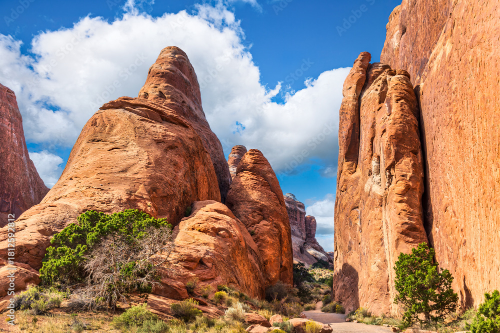 Fototapeta premium Devils Garden Trail Canyon entrance in Arches National Park, Utah. Devils Garden is located at the very end of the park road, 18 miles north of Arches Visitor Center