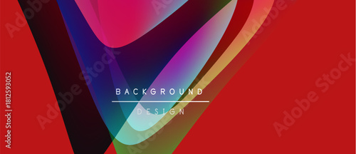 Abstract vibrant design features flowing colorful shapes, red background. Text reads background design. Modern aesthetic, dynamic composition.
