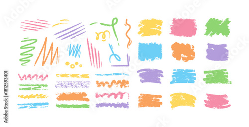 Chalk lines, square frames, pencil underlines, stars, hearts, lines, color crayon stroke by pen, brush scribbles. Vector rectangle charcoal hand drawn sketch elements. Doodle grunge style texture