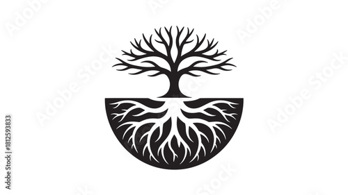 Stylized tree with roots vector illustration minimalist design isolated on white background for logo or icon