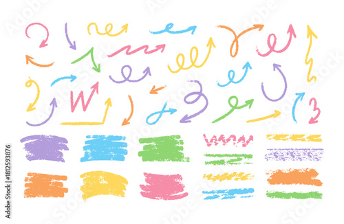 Chalk lines, square frames, pencil underlines, stars, hearts, arrows, lines, color crayon stroke by pen, brush scribbles. Vector rectangle charcoal hand drawn sketch elements. Doodle grunge style