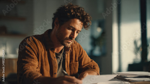 A focused man with curly hair and a beard diligently reviews documents, writing at his desk in warm, subdued lighting, tackling paperwork.