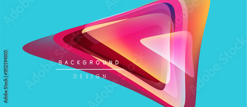Abstract geometric shapes overlap, creating vibrant color gradients. Turquoise background complements pink, orange, yellow hues. Modern design element.