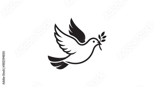 Dove with olive branch simple line art vector illustration symbol of peace and hope isolated on white background