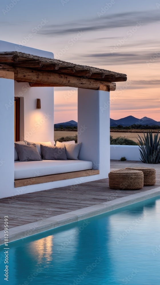 Fototapeta premium Serene evening at a modern architectural villa by the poolside