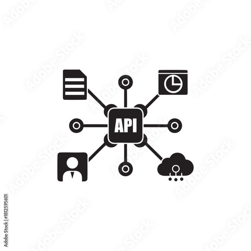 Black and White API Network Icon Connecting Cloud User Data Documents and Analytics