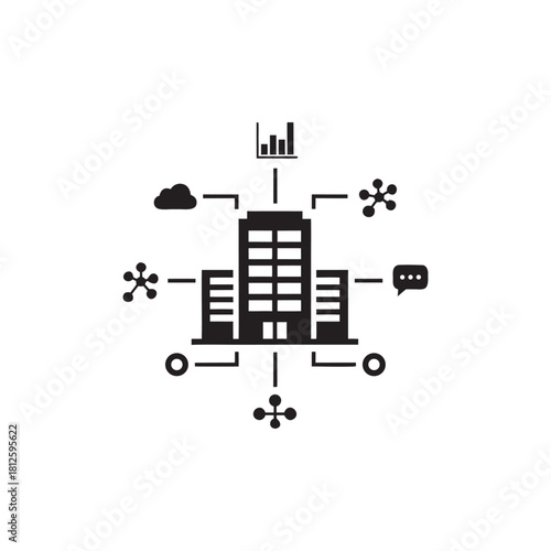 Black and White Vector Icon of Corporate IT Network with Cloud Analytics Communication and Connected Devices