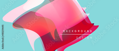 Abstract fluid shapes overlap, creating vibrant pink, red gradients. Light blue backdrop complements design elements. Minimal text present.