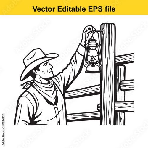 Black and white vector illustration of a cowboy hanging an oldfashioned lantern on a wooden fence post, isolated on