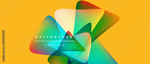 Abstract colorful shapes overlap, creating dynamic visual effect. Yellow background enhances vibrant hues, modern design element.