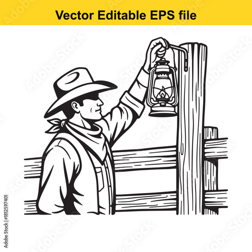 Vintage vector illustration of a cowboy holding an antique oil lantern attached to a wooden fence post, isolated on