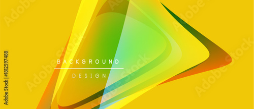 Bright yellow backdrop features layered, colorful shapes. Gradient hues blend green, orange, blue creating dynamic visual effect. Text reads background design.