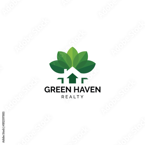 Green haven realty logo with green leaves and house symbol, representing eco-friendly housing.