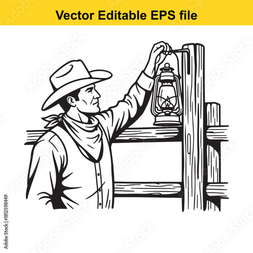 Black and white vector illustration of a cowboy holding an oldfashioned kerosene lantern attached to a wooden fence post, isolated on