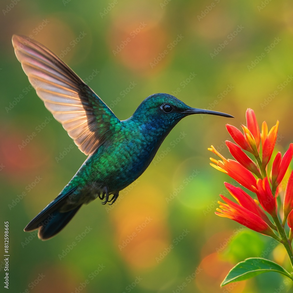 Obraz premium Vibrant blue hummingbird hovering near red tropical flower
