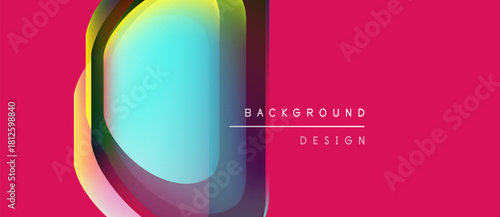 Abstract geometric shapes overlap, creating vibrant color gradients on pink backdrop. Text reads background design. Modern, dynamic composition.