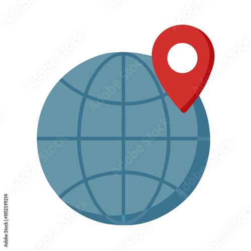 Globe with red location pin icon in flat style