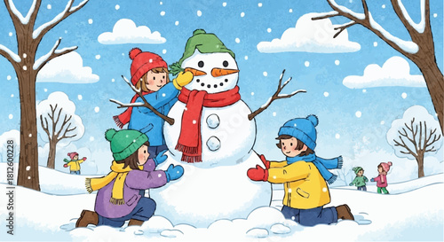 children playing with snowman