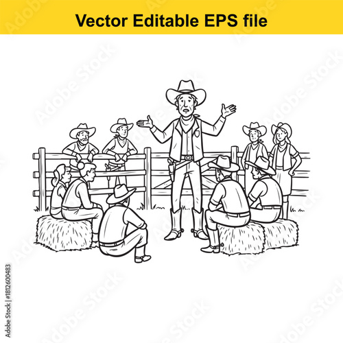 Black and white line art illustration of a cowboy giving a presentation or speech to a group of people sitting on hay bales at a ranch or farm setting, vector editable eps file
