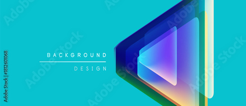 Bright turquoise backdrop features layered geometric shapes. Gradient colors blend, creating modern visual effect. Minimalist design, text present.
