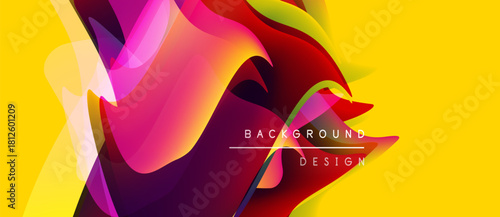 Abstract vibrant design. Flowing shapes, yellow backdrop, pink accents, purple hues create dynamic visual impact. Text reads background design.