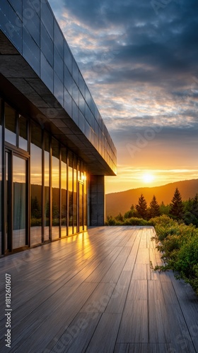 Modern architectural design in scenic landscape during sunset