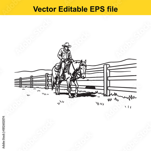 Black and white line art vector illustration of a cowboy riding a horse next to a wooden fence in a rural landscape setting, perfect for western themes