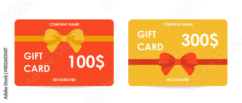 Bright gift card templates with bows. Virtual voucher template. Promo coupon for a gift for a special event or holiday shopping. Reward in the form of a cash discount.
