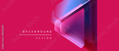 Vibrant pink backdrop features layered translucent squares. Gradient colors shift from blue to purple, creating depth. Text reads background design.