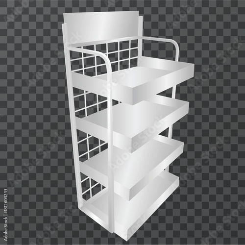 White supermarket gondola display shelves or empty white bookstore shelves