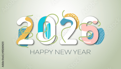 Happy New Year 2026 simple linear banner background design. firecrackers and confetti template of numbers 2026  card, cover, poster, labels isolated on colorful