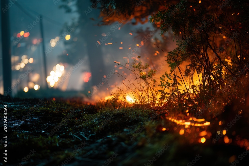 Fototapeta premium Wildfire burning in a forest at night with orange flames and flying sparks. A dramatic scene of destruction and danger, ideal for ecology, emergency, and environmental disaster concepts.