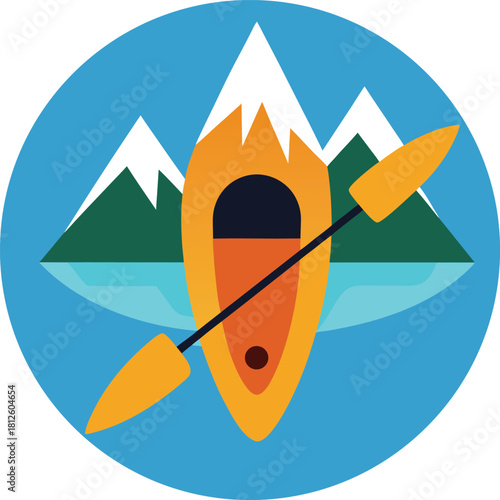 Recreational kayak gliding through a scenic mountain river landscape Vector illustration
