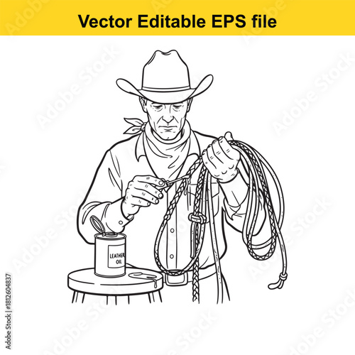 Black and white line art illustration of a serious cowboy preparing his lasso rope with leather dressing oil, isolated on