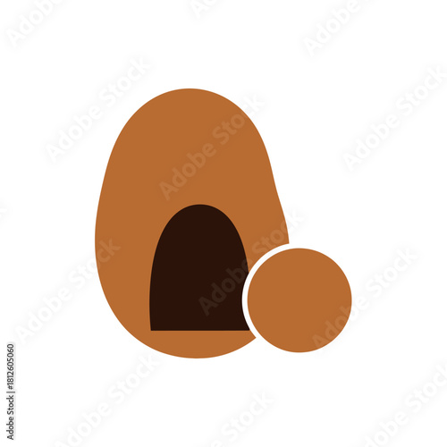 Brown animal burrow vector illustration showing a dark cave entrance and a separate round shape isolated on white background