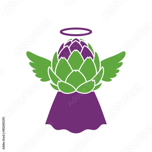 Whimsical artichoke angel vector illustration with green wings and a purple halo isolated on white background