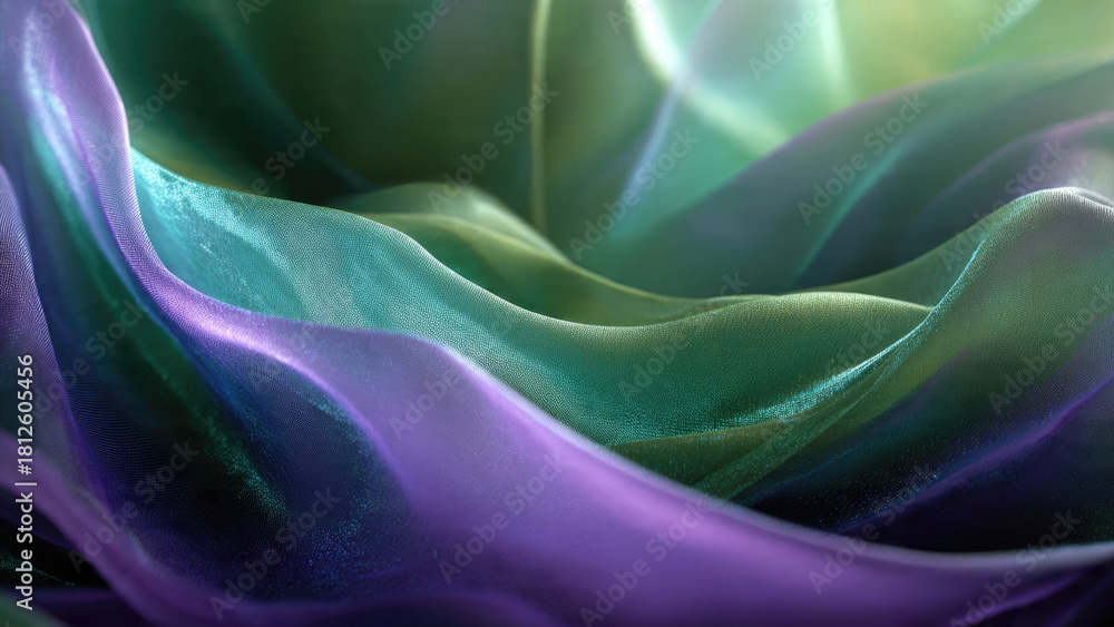 Fototapeta premium Abstract, flowing fabric shimmers with iridescent hues of soft purple, serene aqua, and vibrant green. Elegant drapes create a beautiful, ethereal texture.