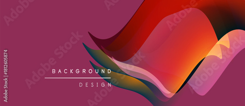 Abstract flowing shapes, vibrant colors, modern design. Pink background complements orange, blue gradients. Minimalist text overlay present.