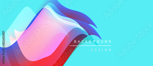 Abstract flowing shapes, vibrant colors, turquoise background. Modern design elements create dynamic visual impact. Simple text overlay present.