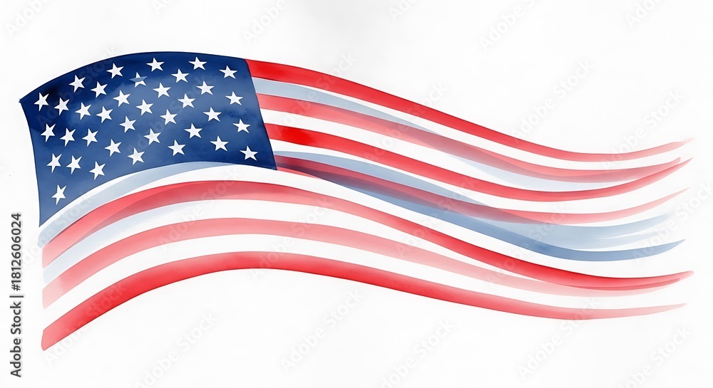 Fototapeta premium Watercolor waving american flag isolated on white background