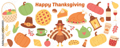 Simple colorful Thanksgiving illustration set: festive food, pumpkins, turkey, pie, berries, leaves, drinks, holiday elements. For scrapbooking, card, invitation, kids design. Flat vector. Hand drawn.