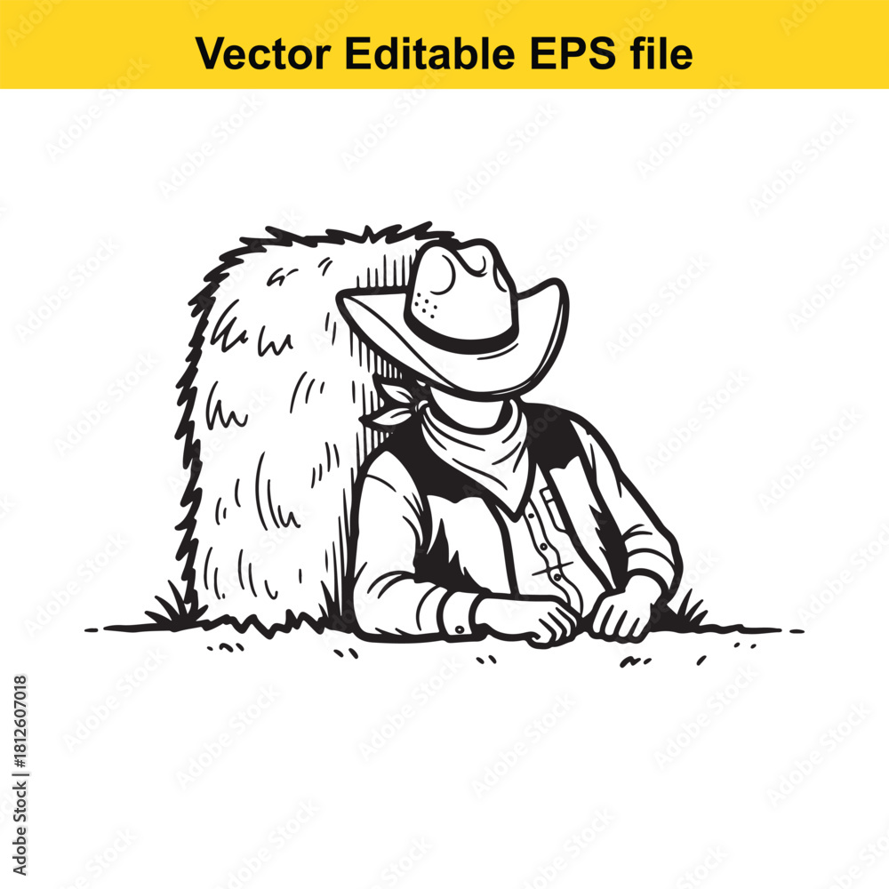 Fototapeta premium Black and white line art illustration of a cowboy wearing a hat and bandana leaning against a large hay bale in a field, isolated on