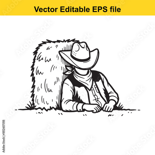 Black and white line art illustration of a cowboy wearing a hat and bandana leaning against a large hay bale in a field, isolated on