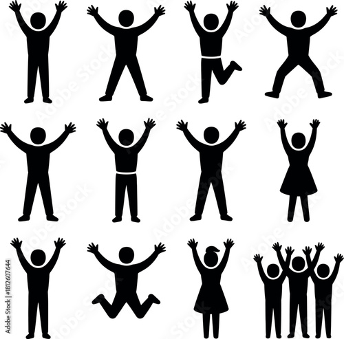 Diverse group of people raising arms in celebration and happiness concept