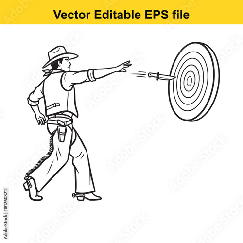 Line art vector illustration of a cowboy throwing a knife towards a target, isolated on