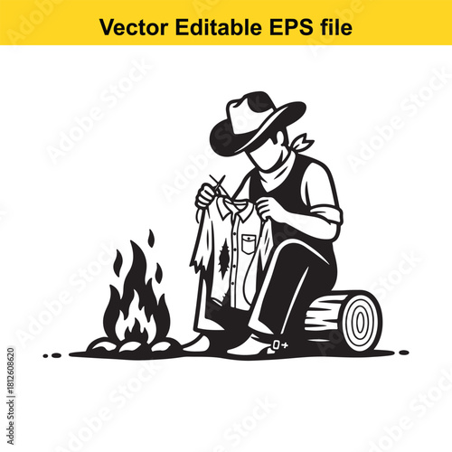 Black and white vector illustration of a cowboy sitting by a campfire drying his shirt, isolated on