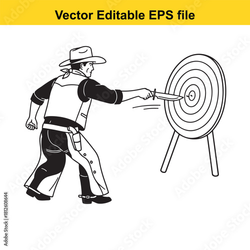 Black and white line art vector drawing of a cowboy throwing a knife at a target, isolated on