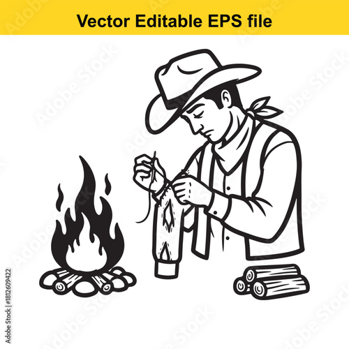 Black and white vector illustration of a cowboy sitting by a campfire, mending his glove or clothing with a needle and thread, isolated on