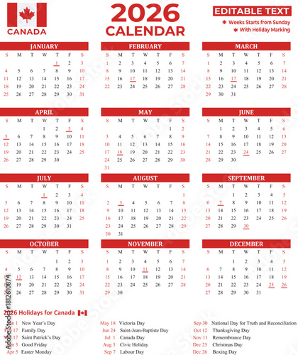 Canada 2026 yearly calendar with national holidays