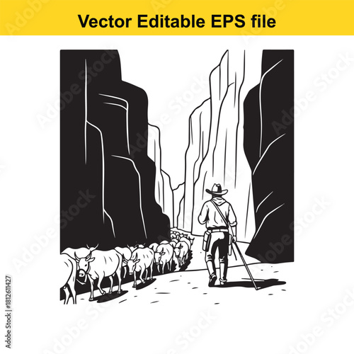 Black and white vector illustration of a cowboy herding cattle through a narrow canyon or gorge, seen from behind